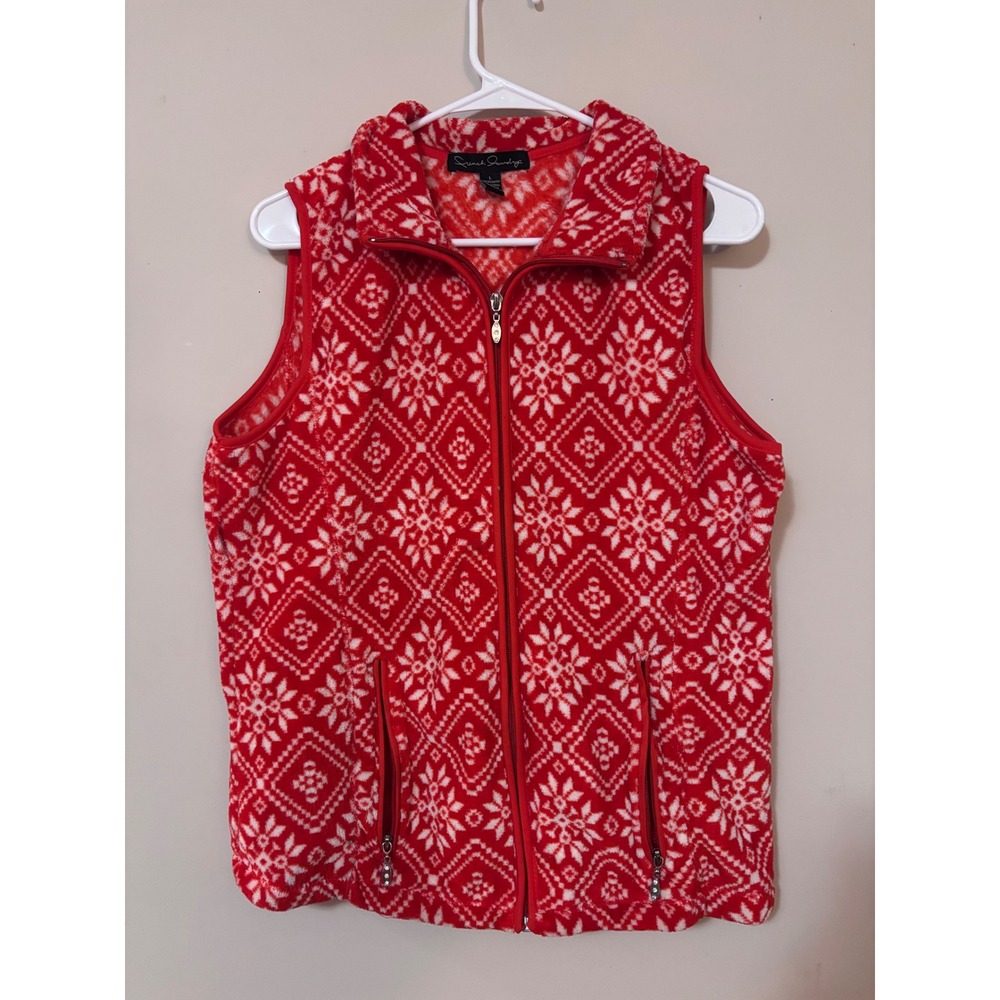 French Laundry Red Snowflake Fleece Vest‎ Women's Size L Full Zip Pockets
